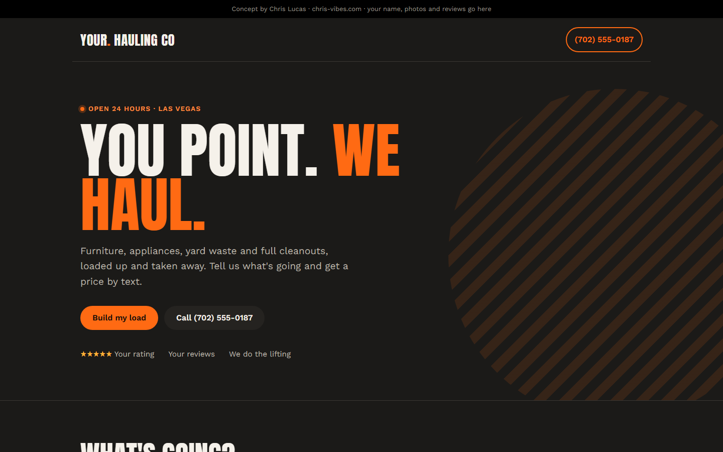 Junk removal site in black and orange with a large headline