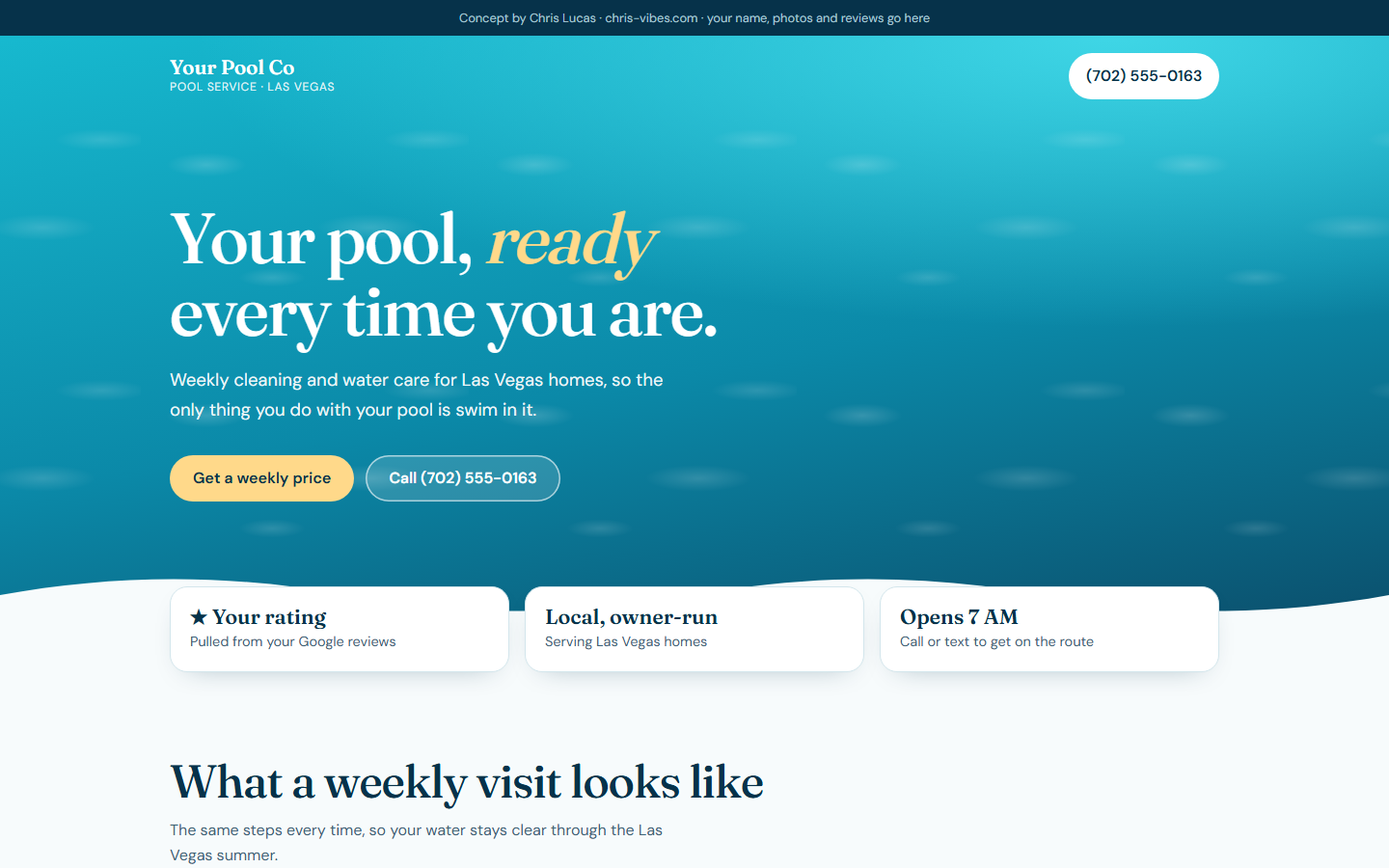 Pool service site with a bright water-blue header and a wave