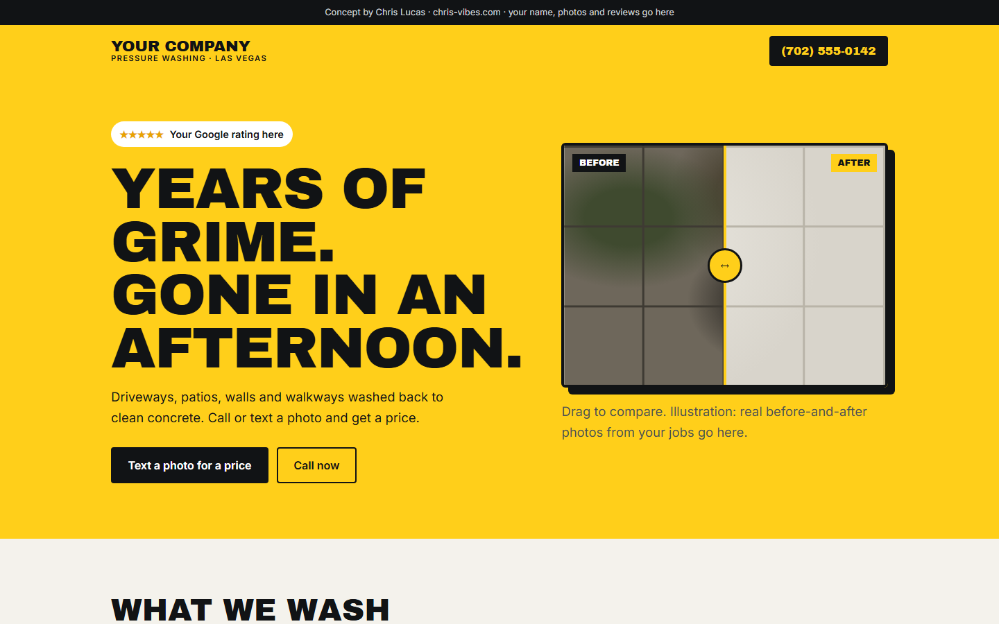 Pressure washing site with a bold yellow header and a before-and-after slider